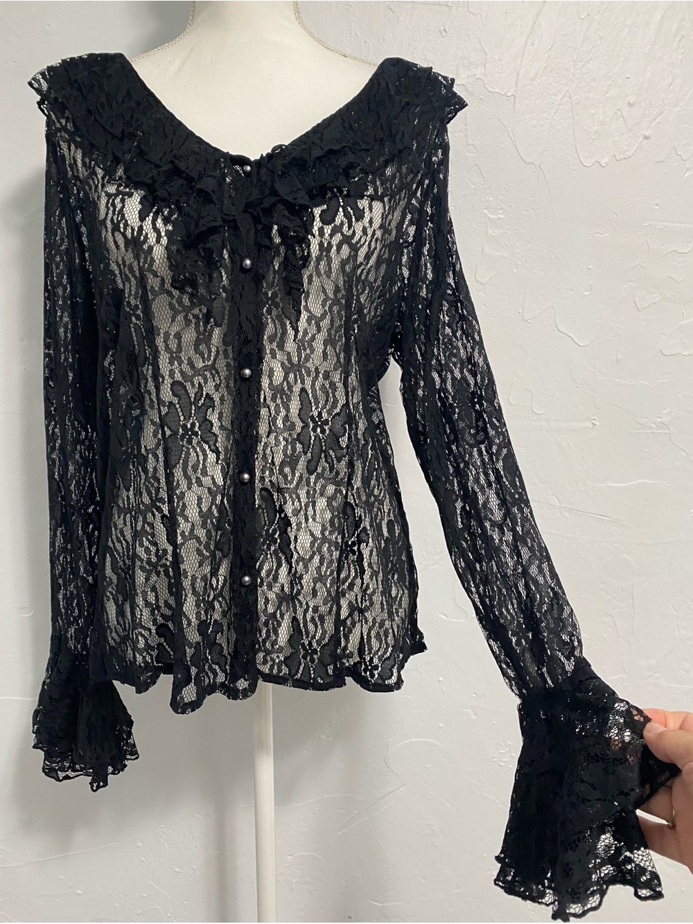 White Stag Black Sheer Lace Button-Up Blouse with Ruffle Collar